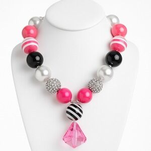 Peppa Pig‎ Inspired Chunky Bead Necklace Pink Black White Silver Girl Jewelry